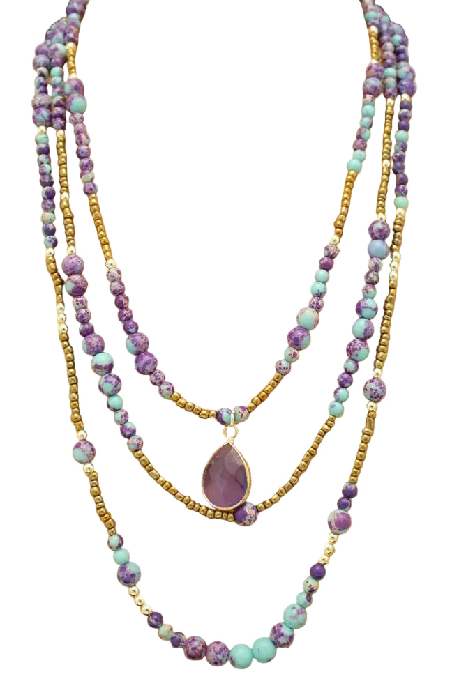 Short Beaded 3-Strand Necklace with Pendant