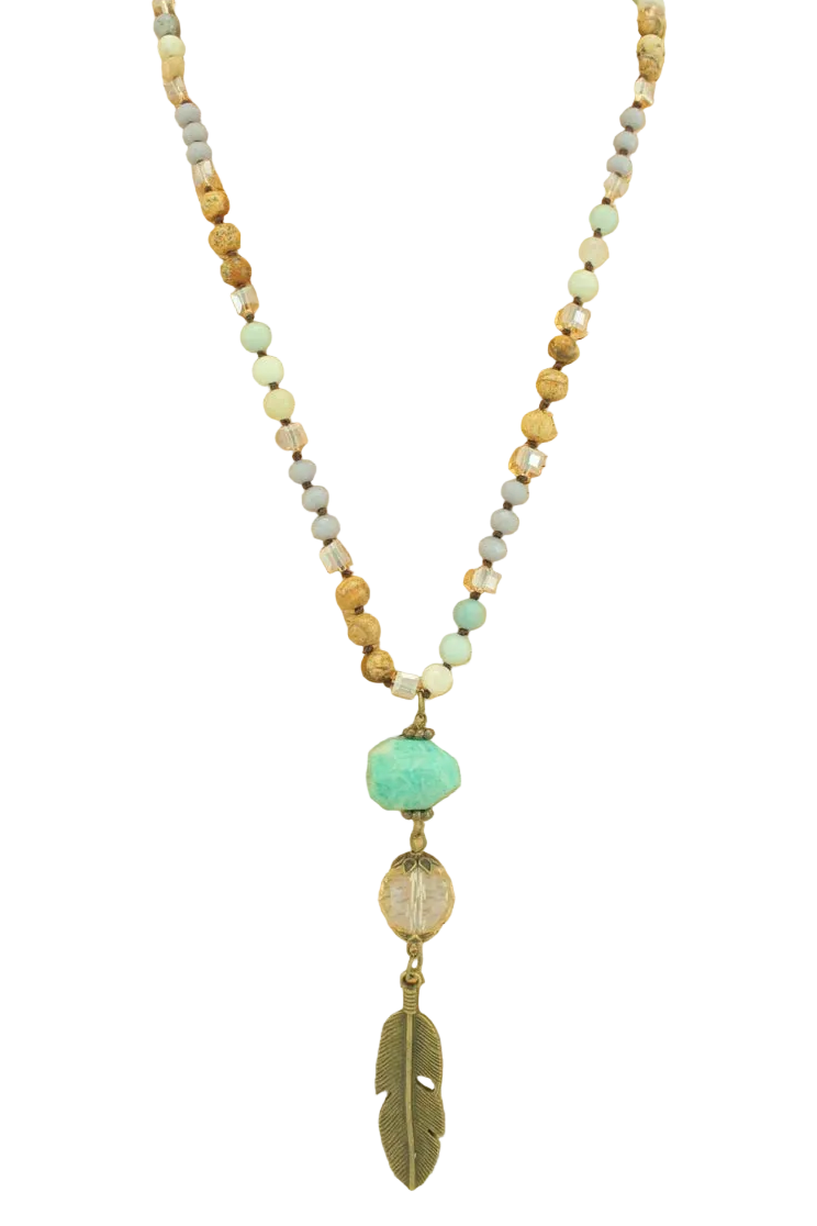 Long Beaded Necklace with Feather
