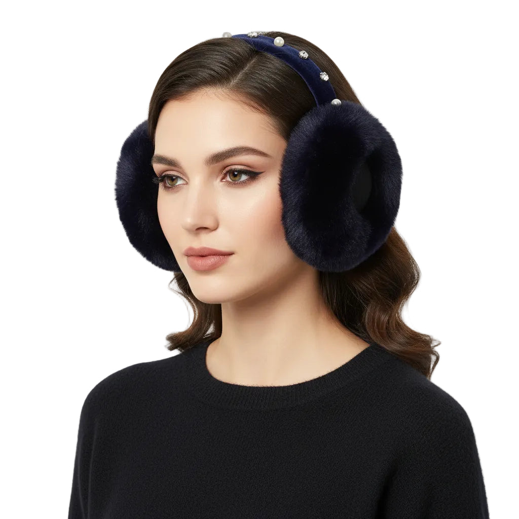 Bling Faux Pearl Rhinestone Fluffy Earmuffs