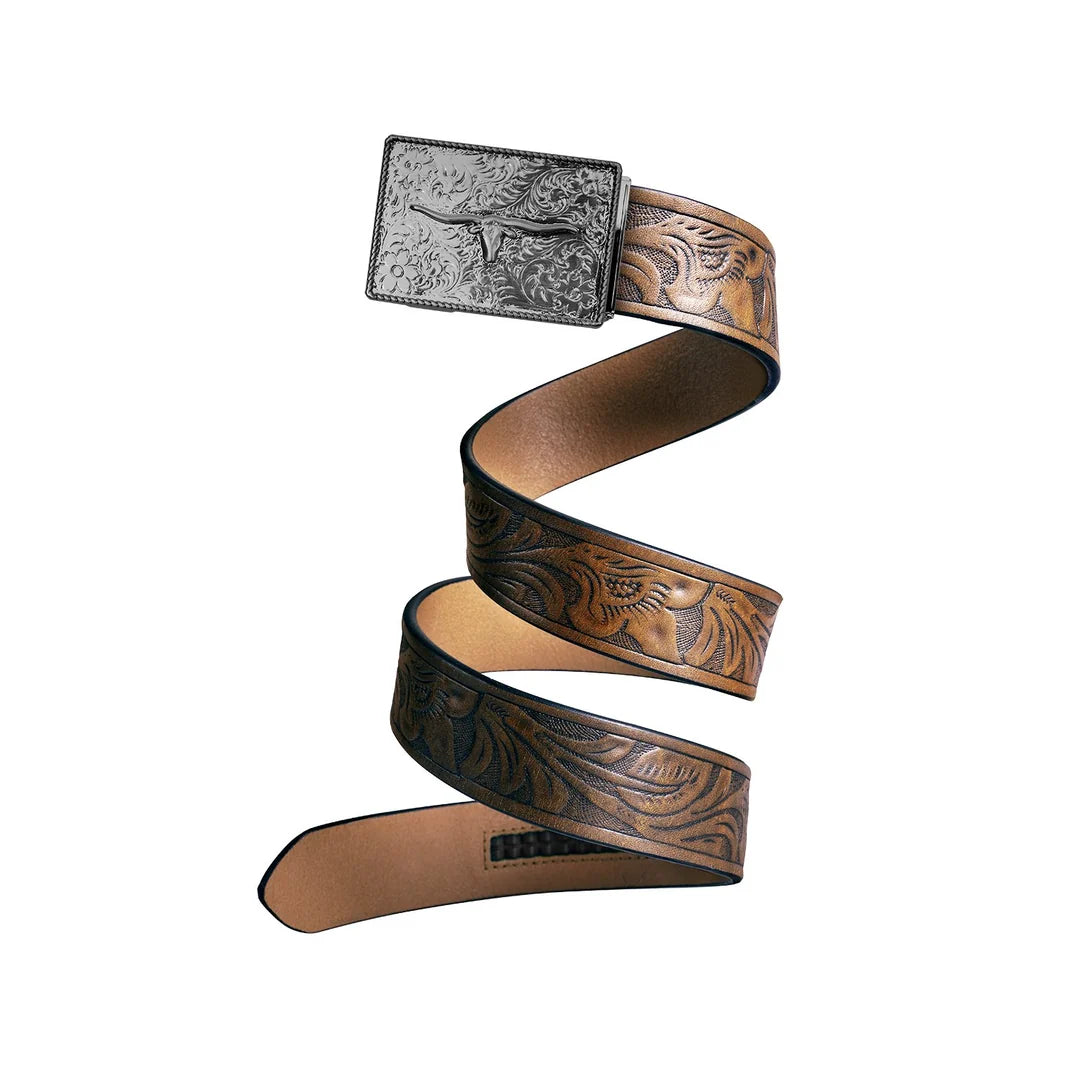 Leather Ratchet Belt with Bull Buckle