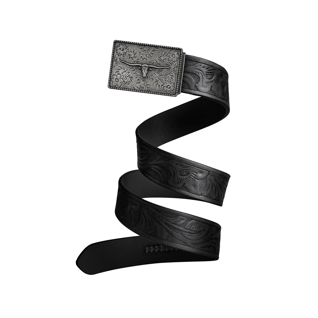 Leather Ratchet Belt with Bull Buckle