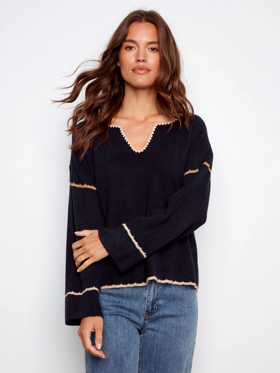 Ribbed V-Neck Notched Sweater