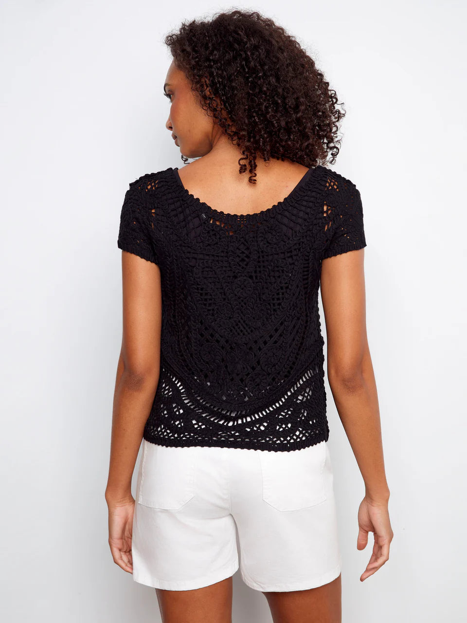 S/S Crochet Sweater with Placket and Back Buttons