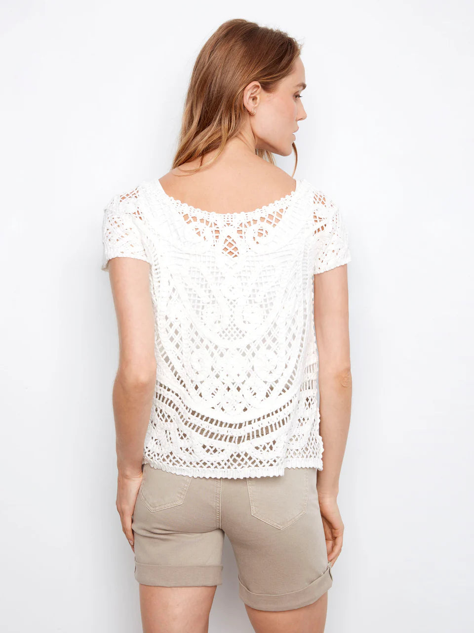 S/S Crochet Sweater with Placket and Back Buttons