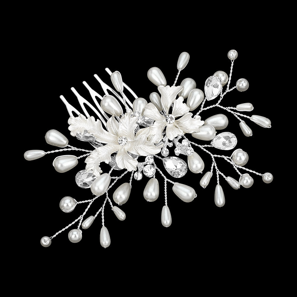 Hair Comb Pearl Embellished Flower Leaf Vine