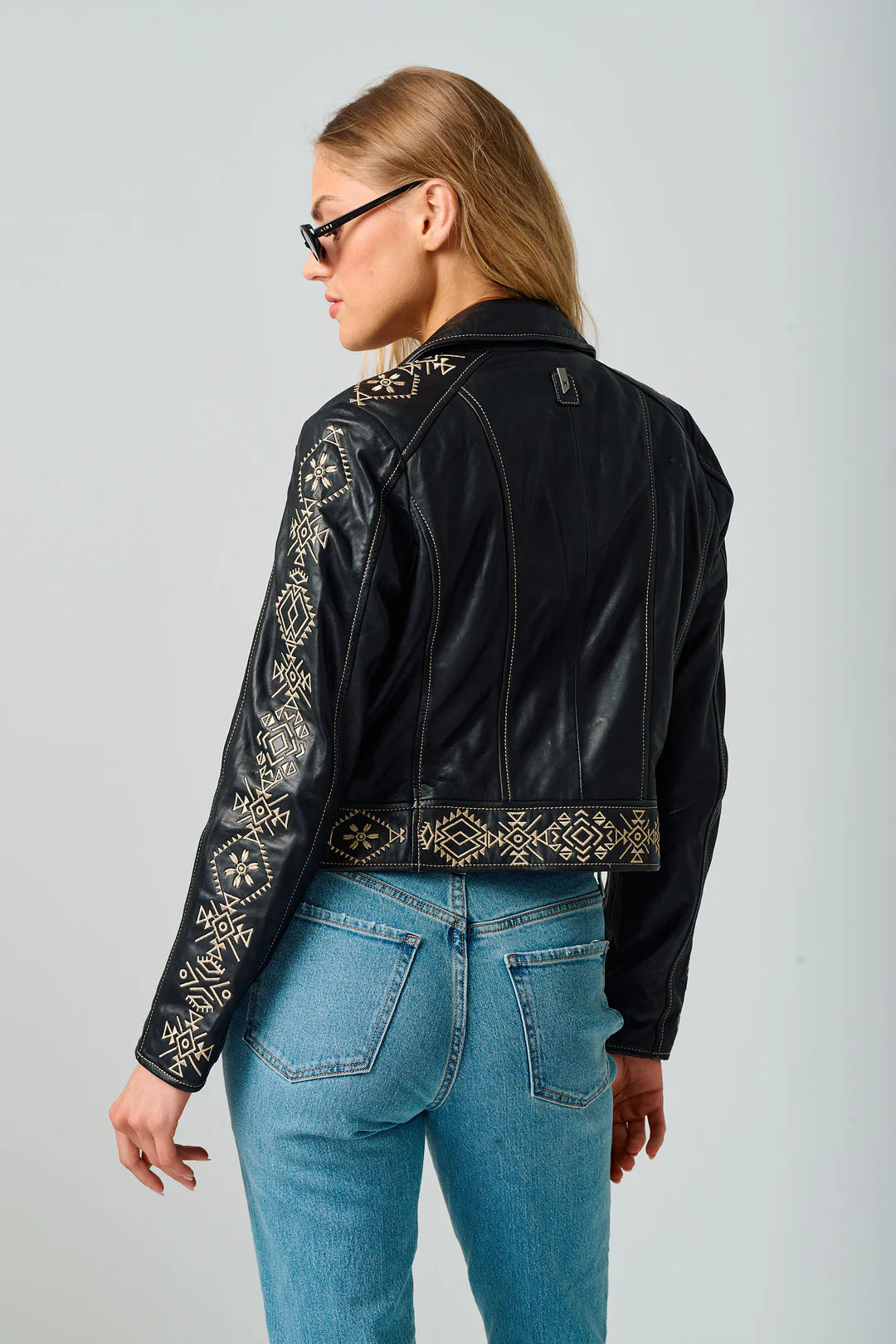 Cora RF Embroidered Front Zip Leather Jacket