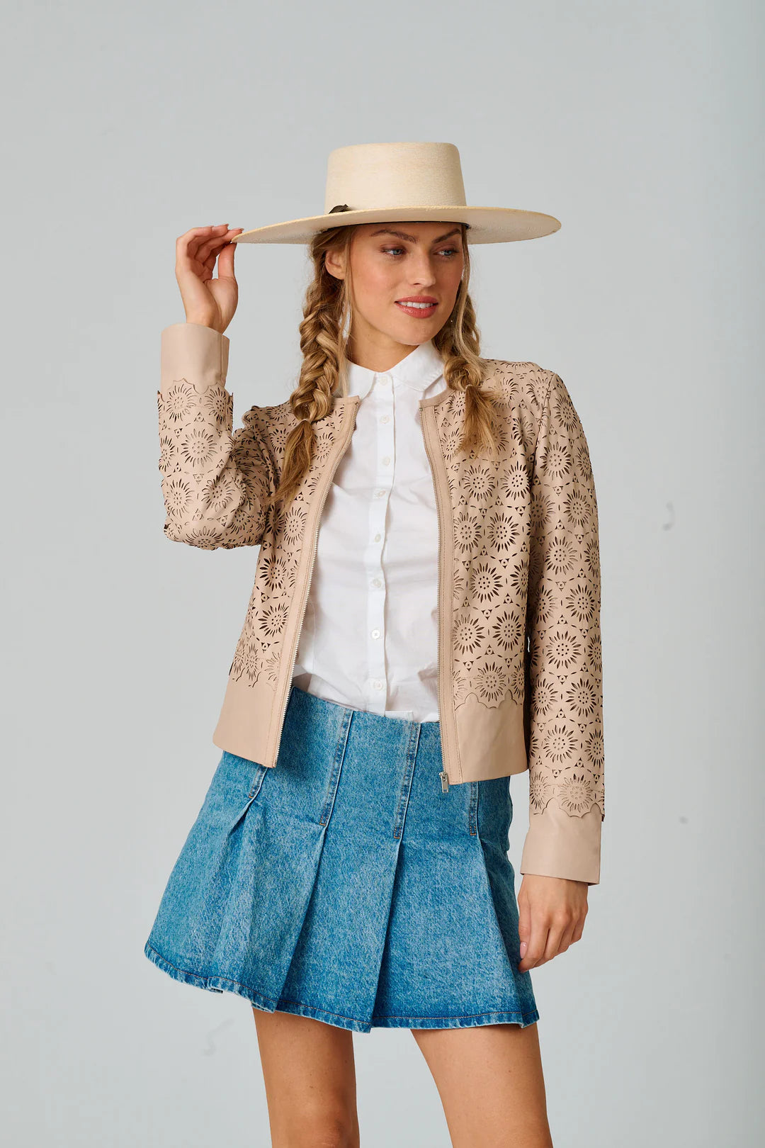 Lacey Laser Cutout Lace Leather Jacket