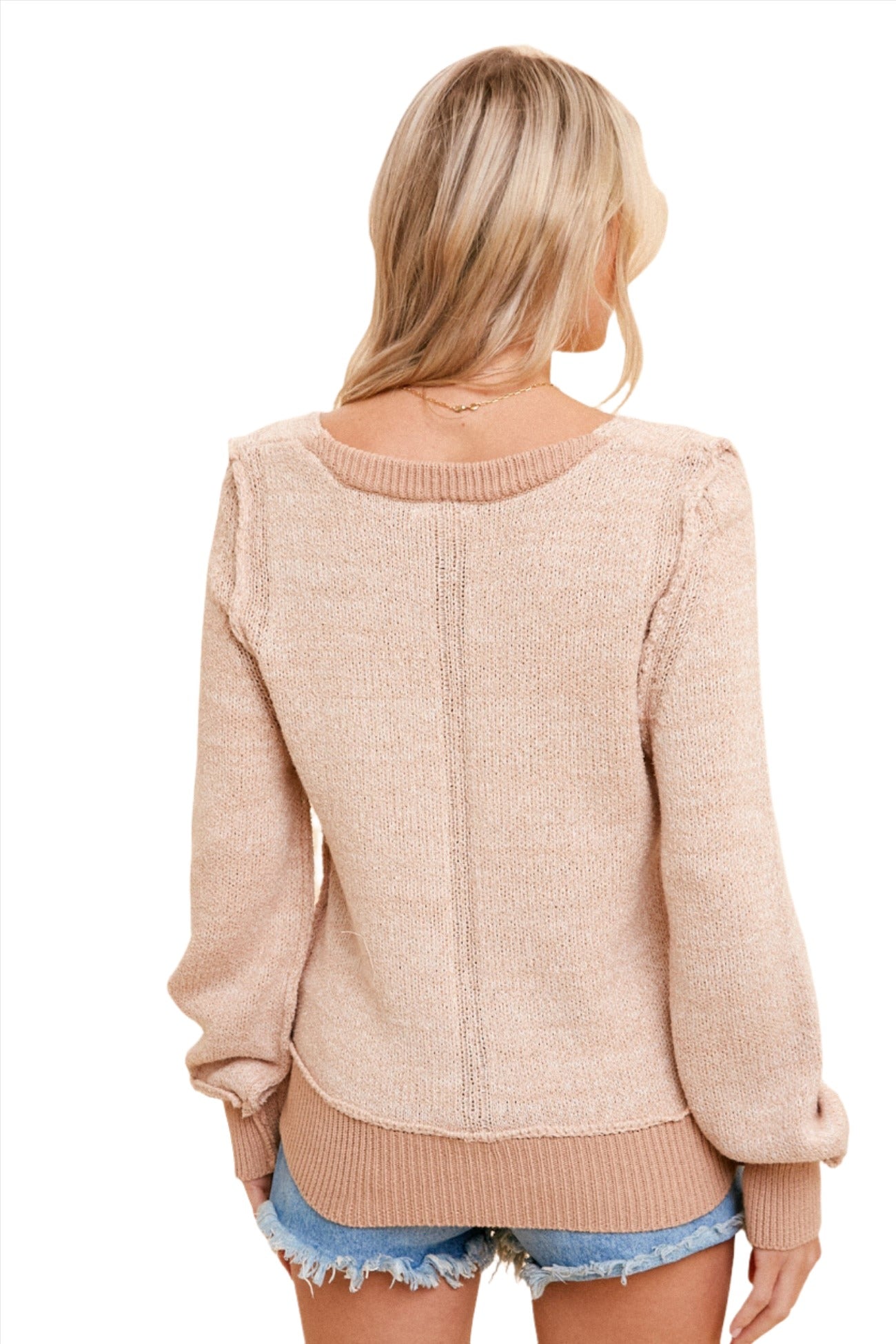 Two Tone V-Neck Bubble Sleeve Sweater