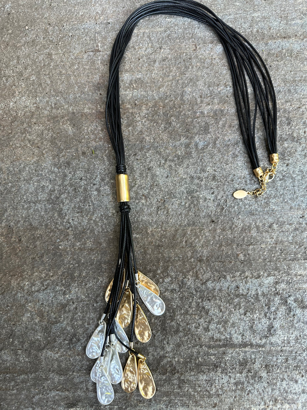 Long Cord Necklace With Metal Teardrops Pendant