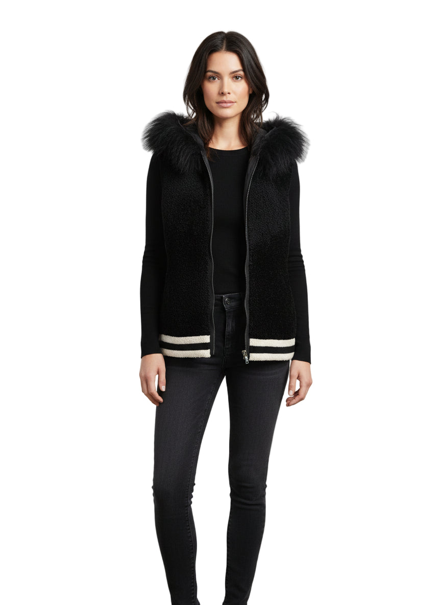 Curly Lamb and Nylon Vest with Fur Trim