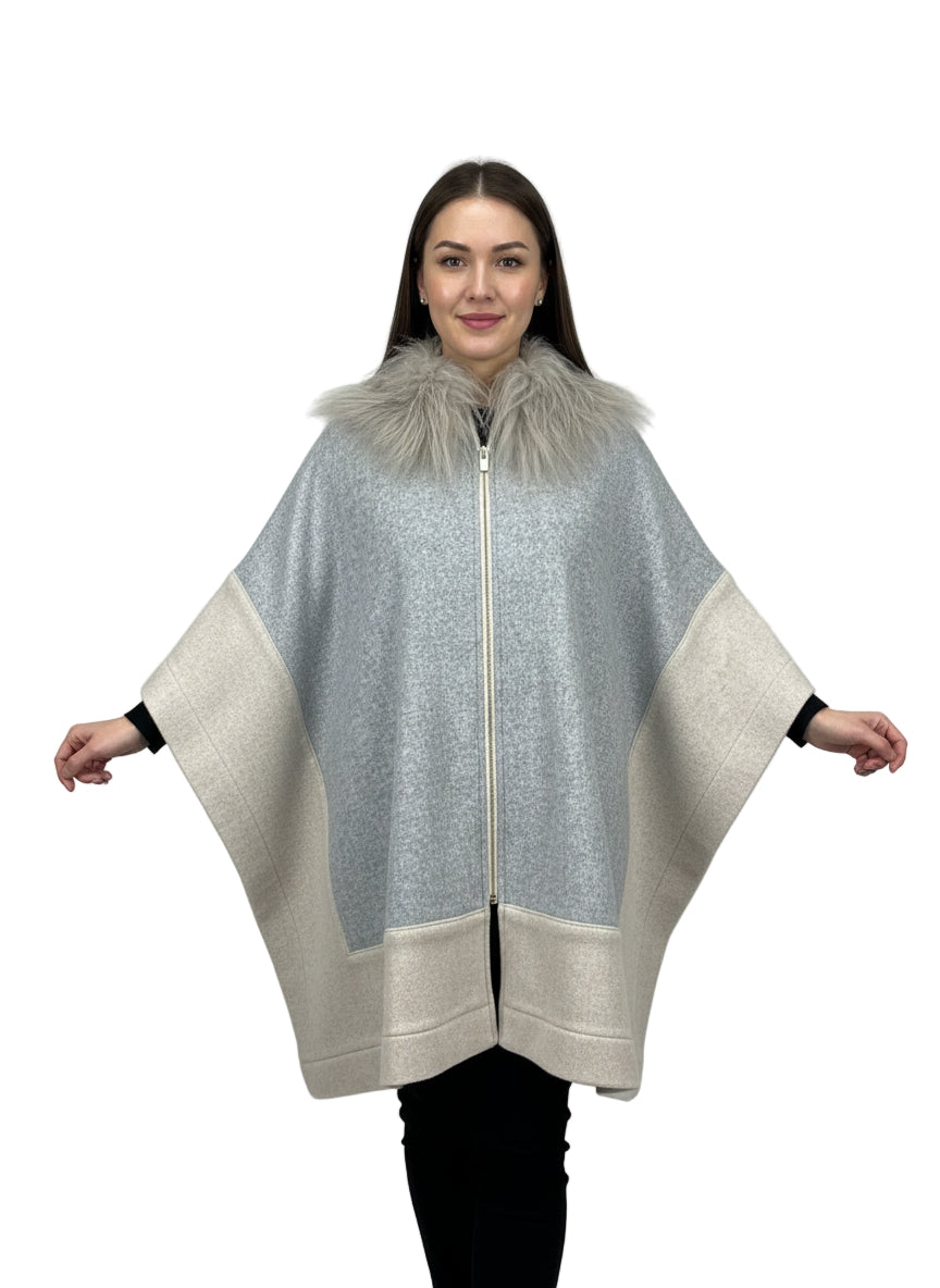 Wool Poncho with Grey Dyed Mongolian Lamb