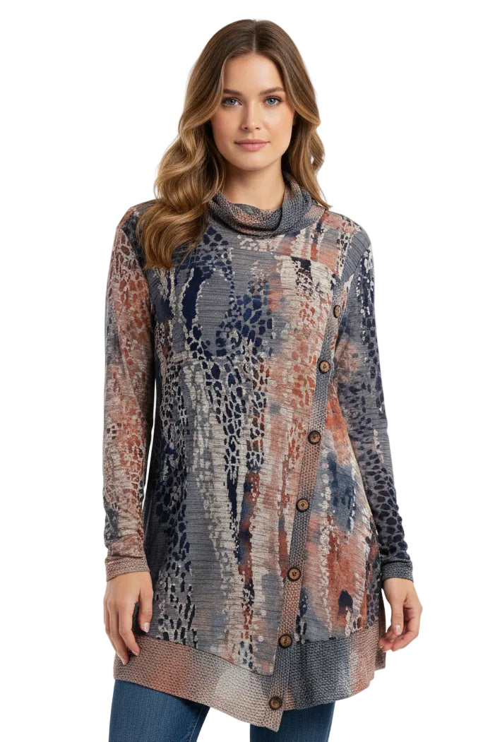 Mock Neck L/S Tunic with Side Buttons