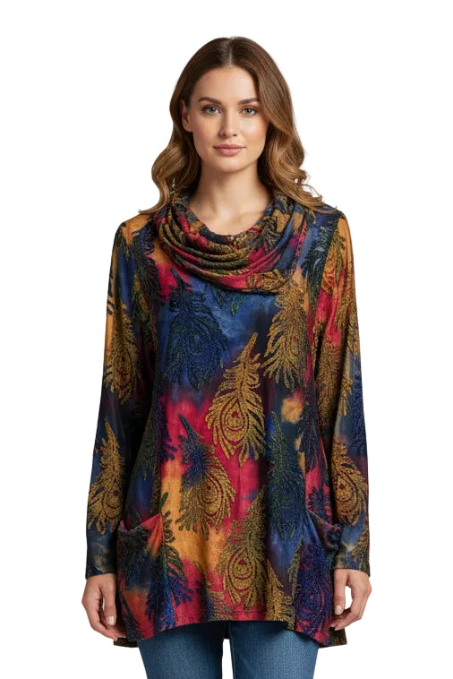 Cowl Neck Burnout Tunic with Pockets