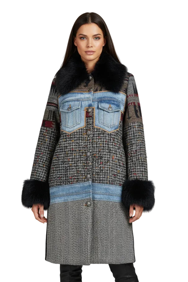 Adore Mixed Fabric Jacket with Faux Fur Cuffs and Collar