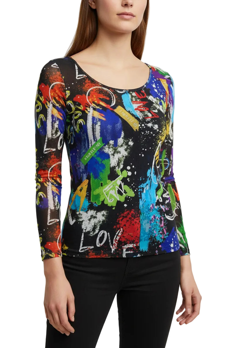 Print Splatter Boat Neck Mesh Top