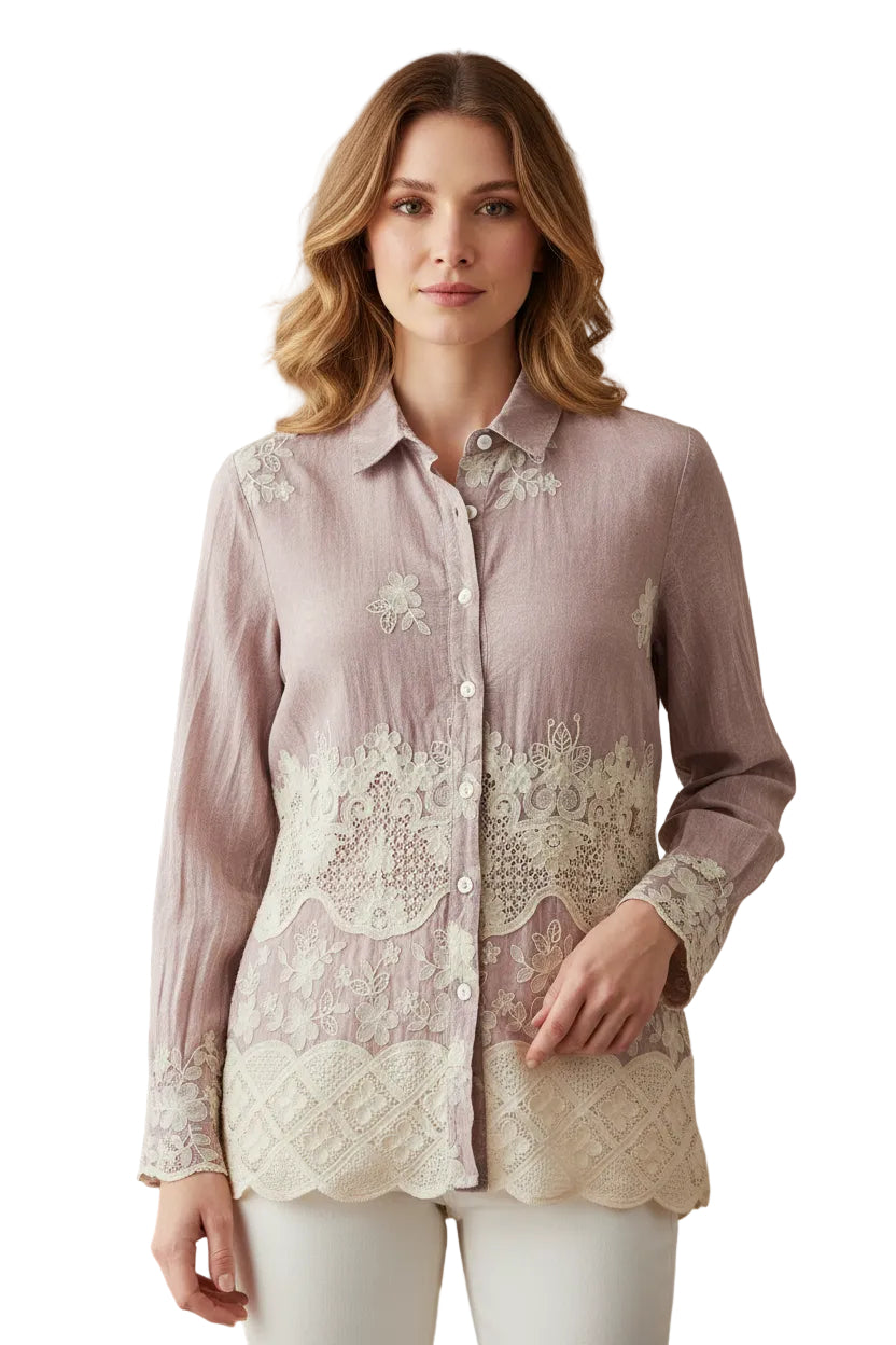 L/S Button Up Shirt with Crochet and Apllique