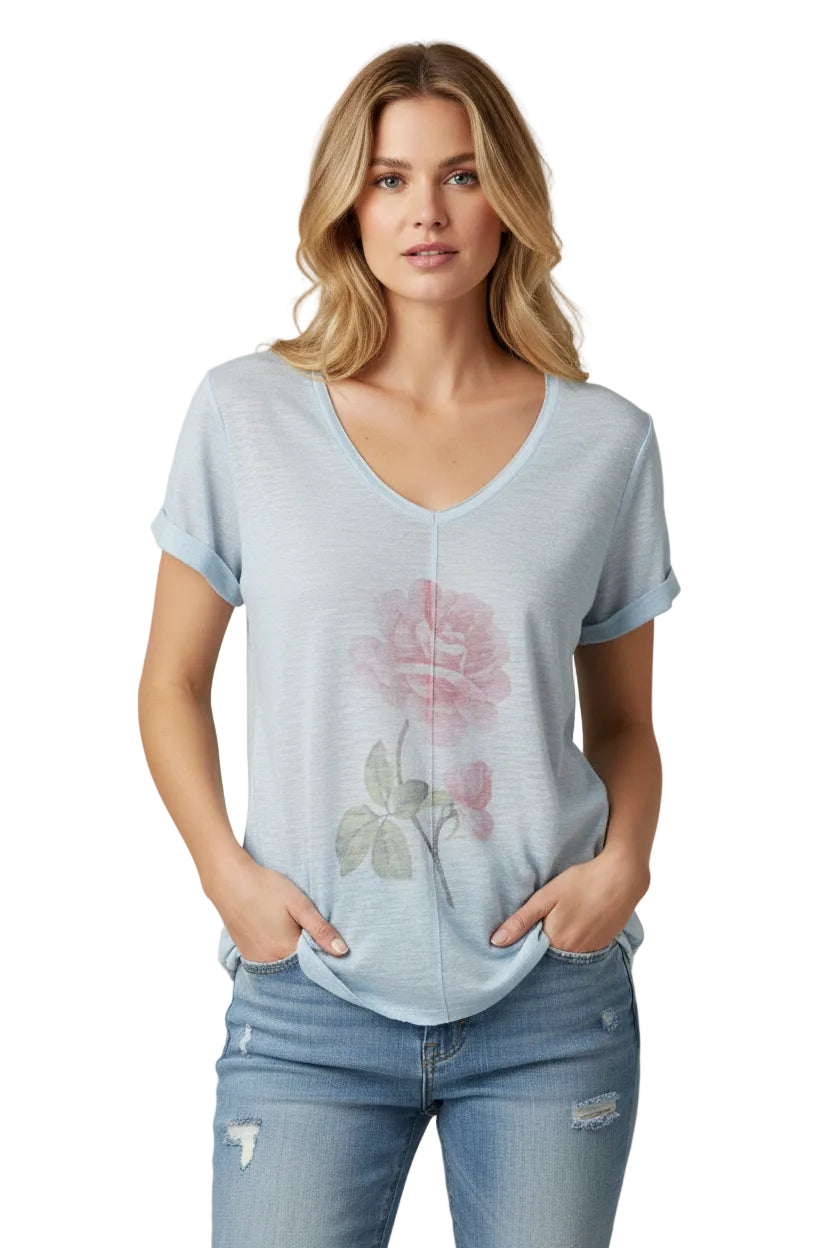 S/S V-Neck T-Shirt with Flower
