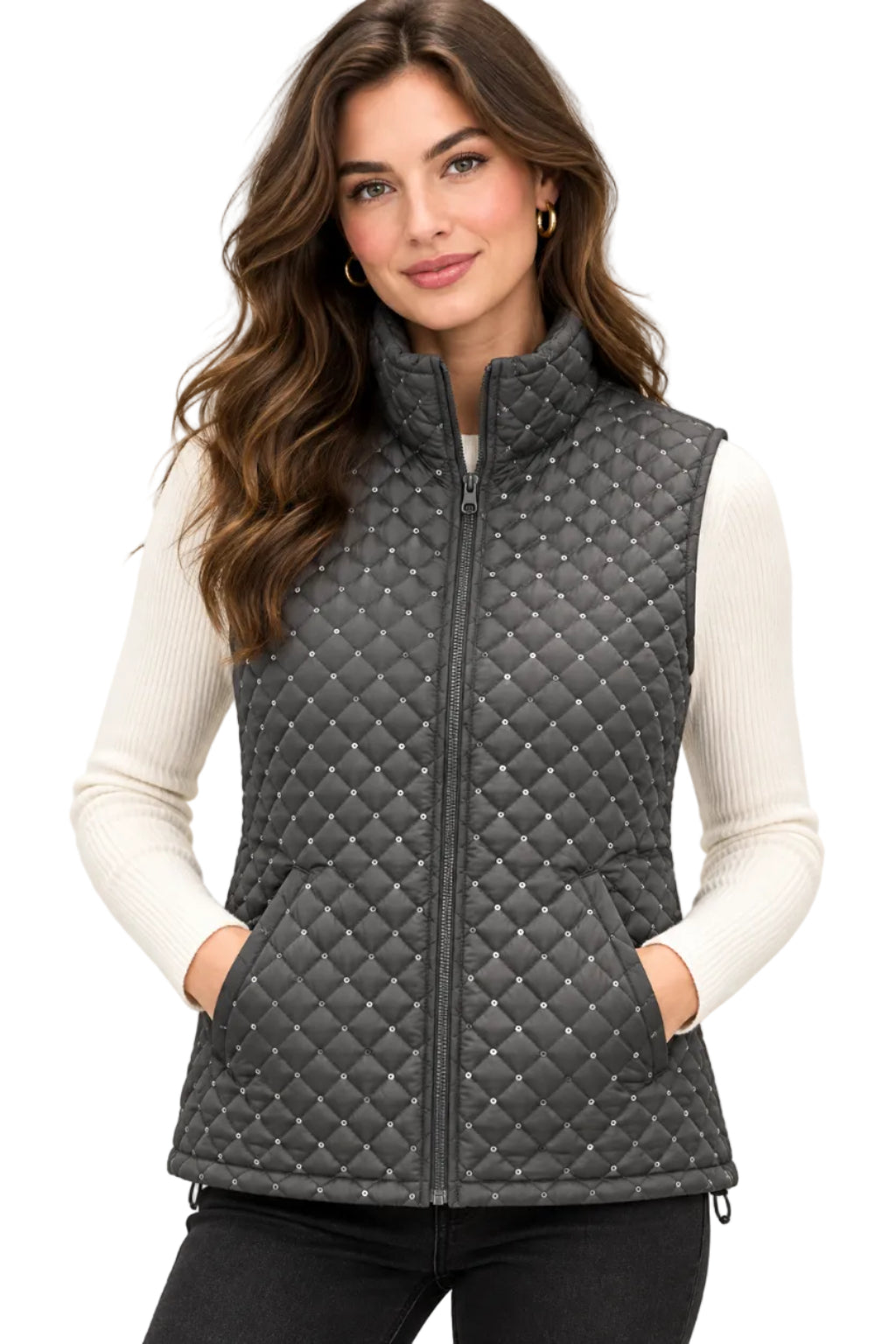Quilted Zip Up Vest with Sequins