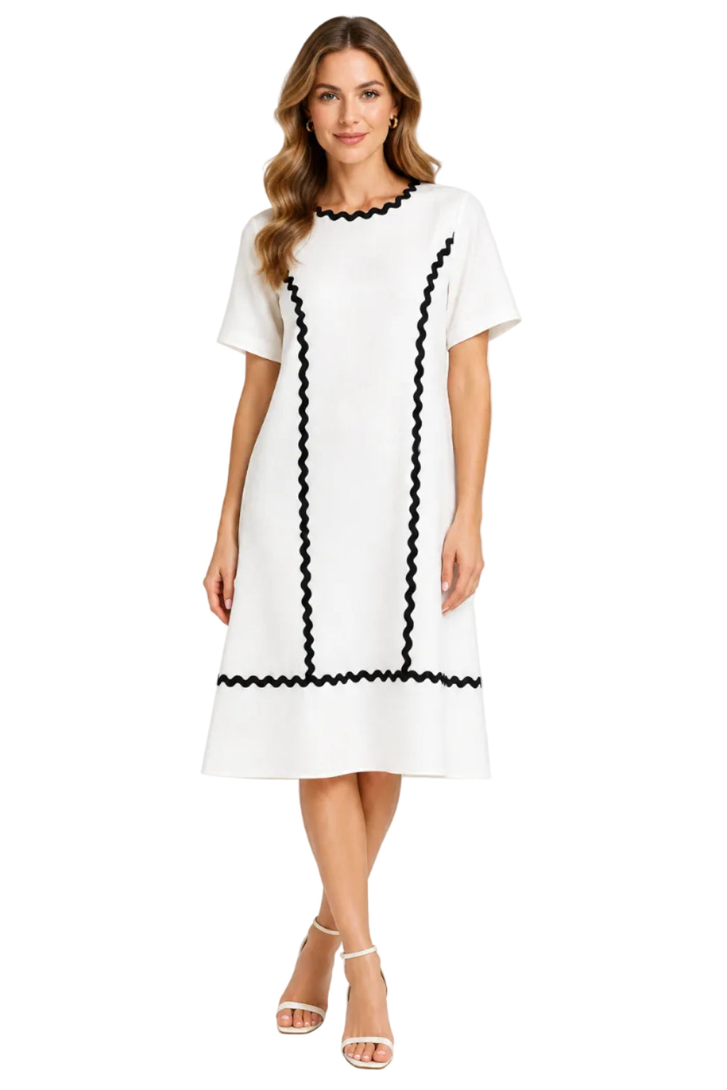 S/S A-Line Midi Dress with Trim Detail