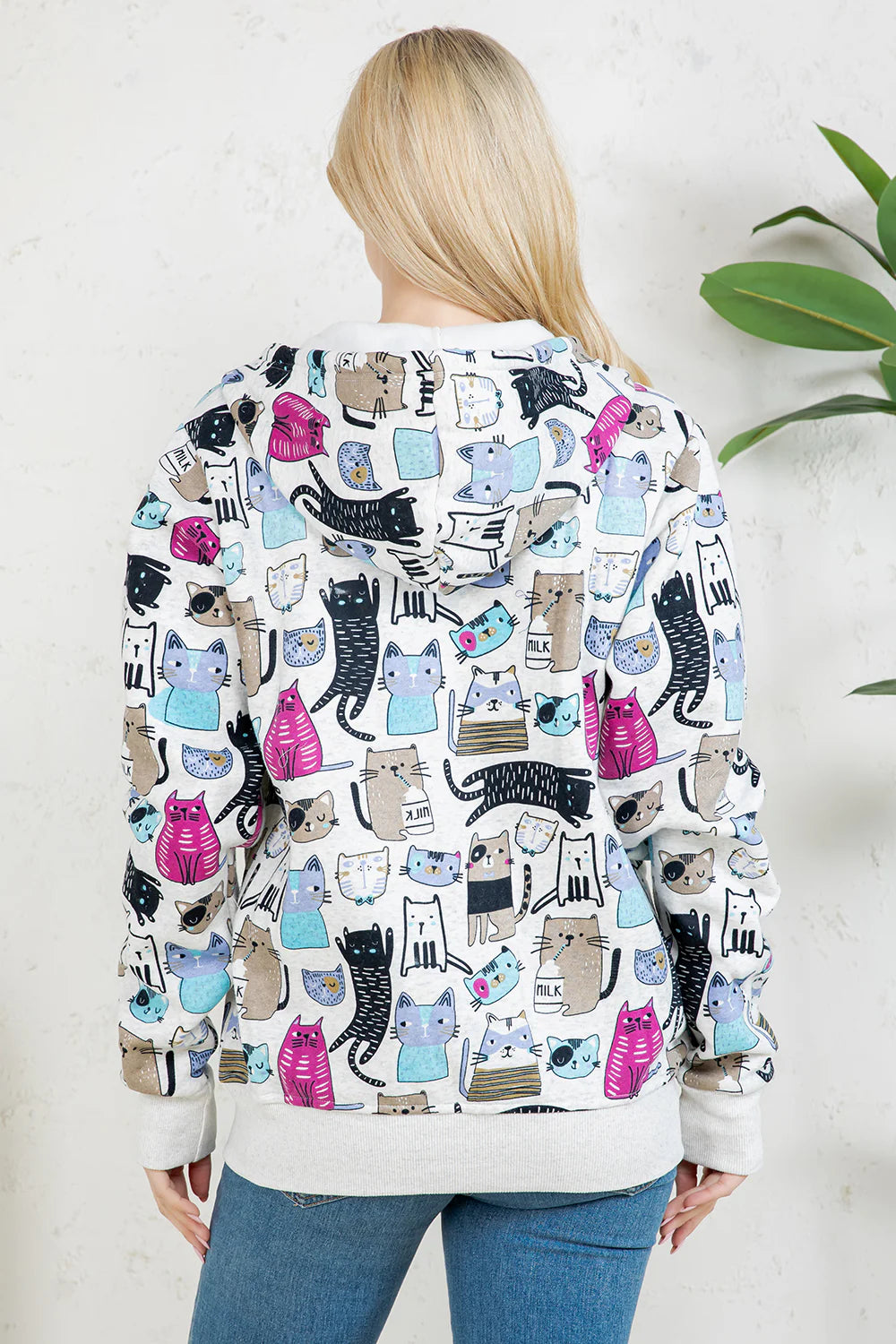 Zipper Fleece Hoodie - Cat Print
