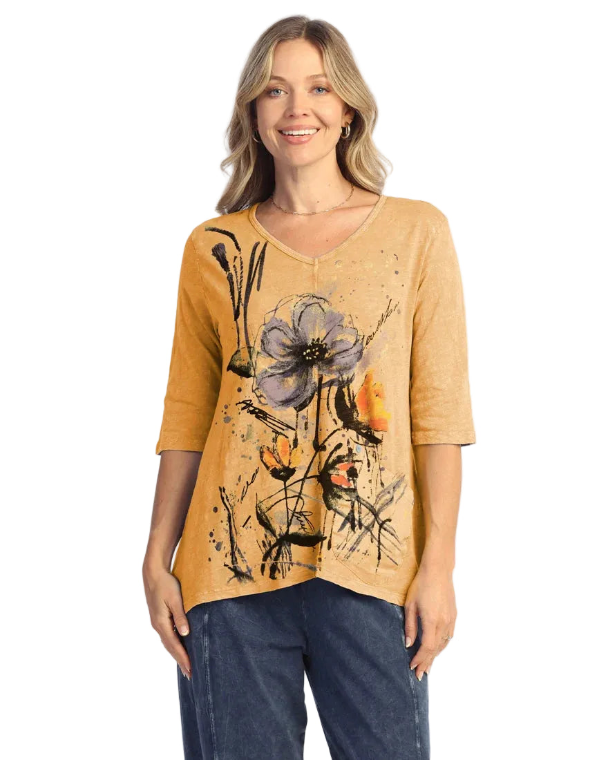 Mineral Wash V-Neck Top Contrast Pocket and Shell Buttons - Wind Flower