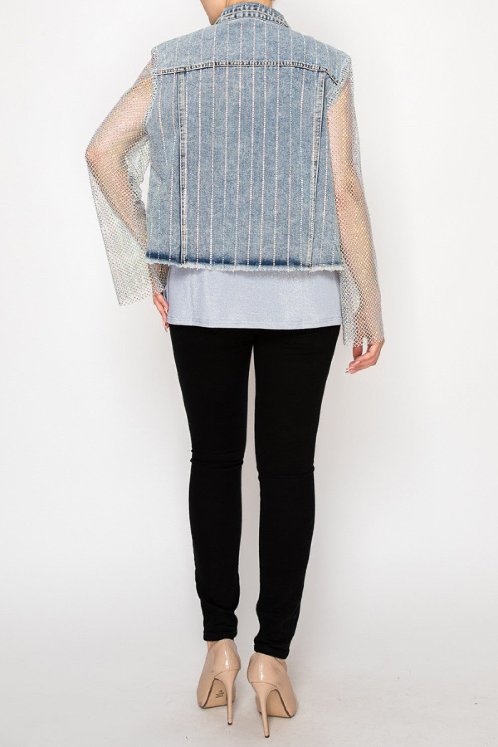 Denim Jacket with Mesh Stone Sleeves