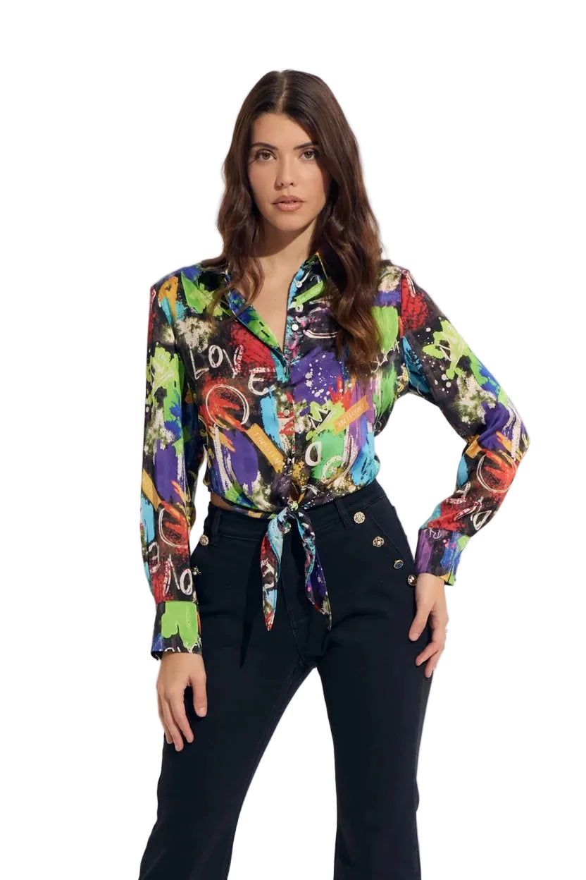 Graffiti Print Tie Front Crop Blouse