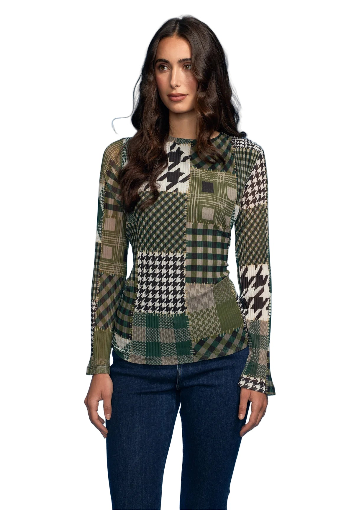 Houndstooth Round Neck Plisse Blouse