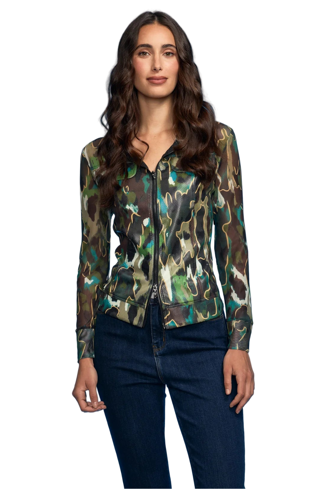 Green Leopard Zip Scuba/Mesh Combo Jacket