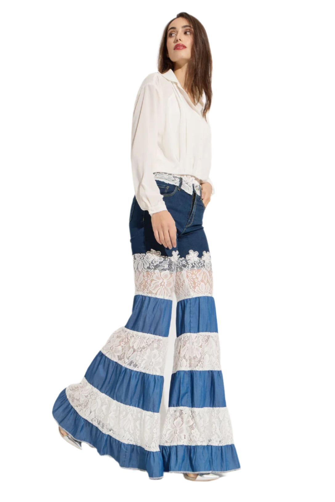 Tiered 2 Tone Lace/denim Pants