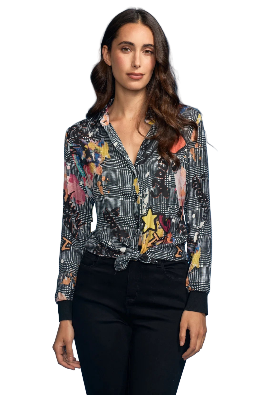 Plaid Graffiti Blouse with Knit Cuffs