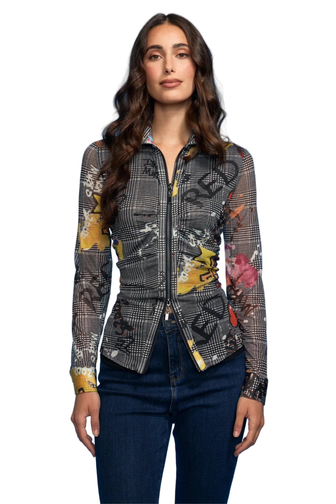 Plaid Graffiti Rouched Zip Mesh Jacket