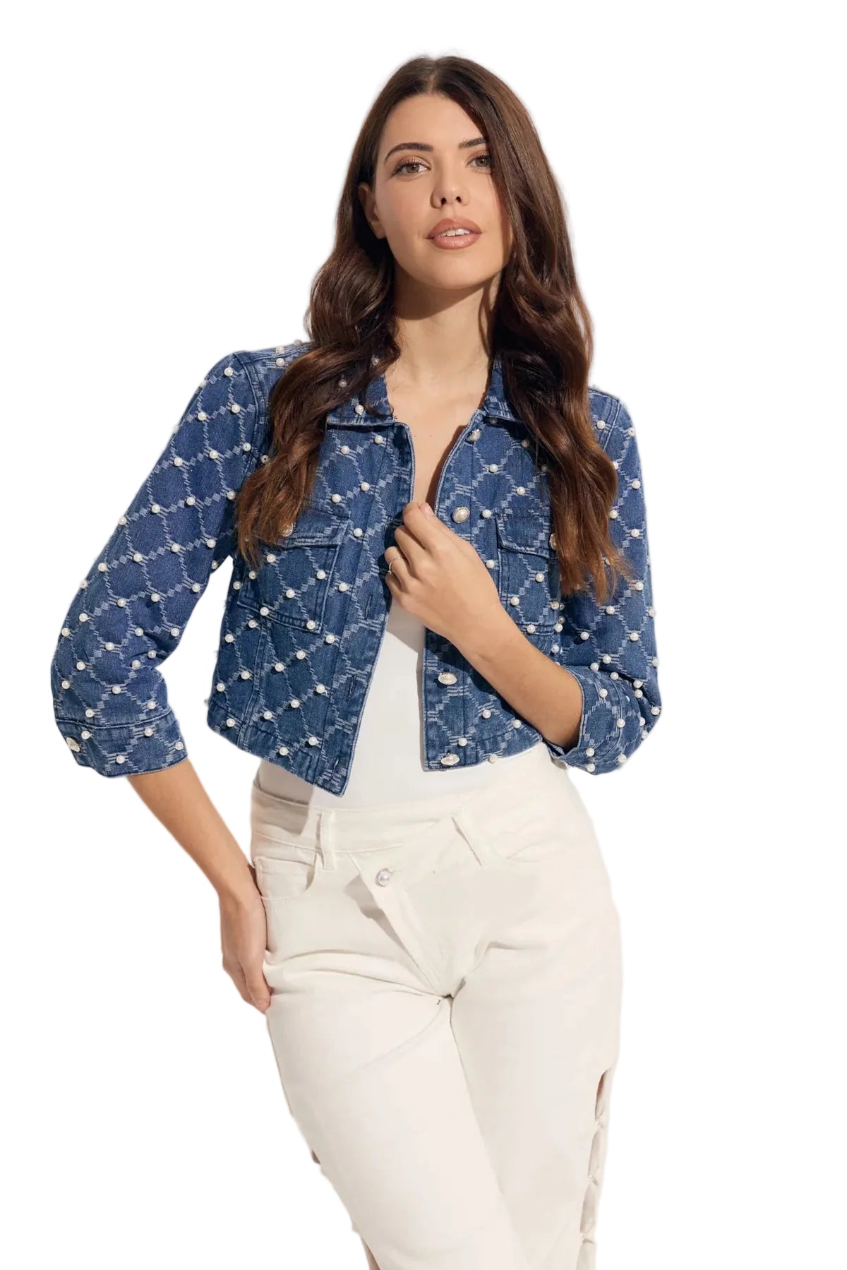 Short Denim Jacket with Pearl Combo Trim