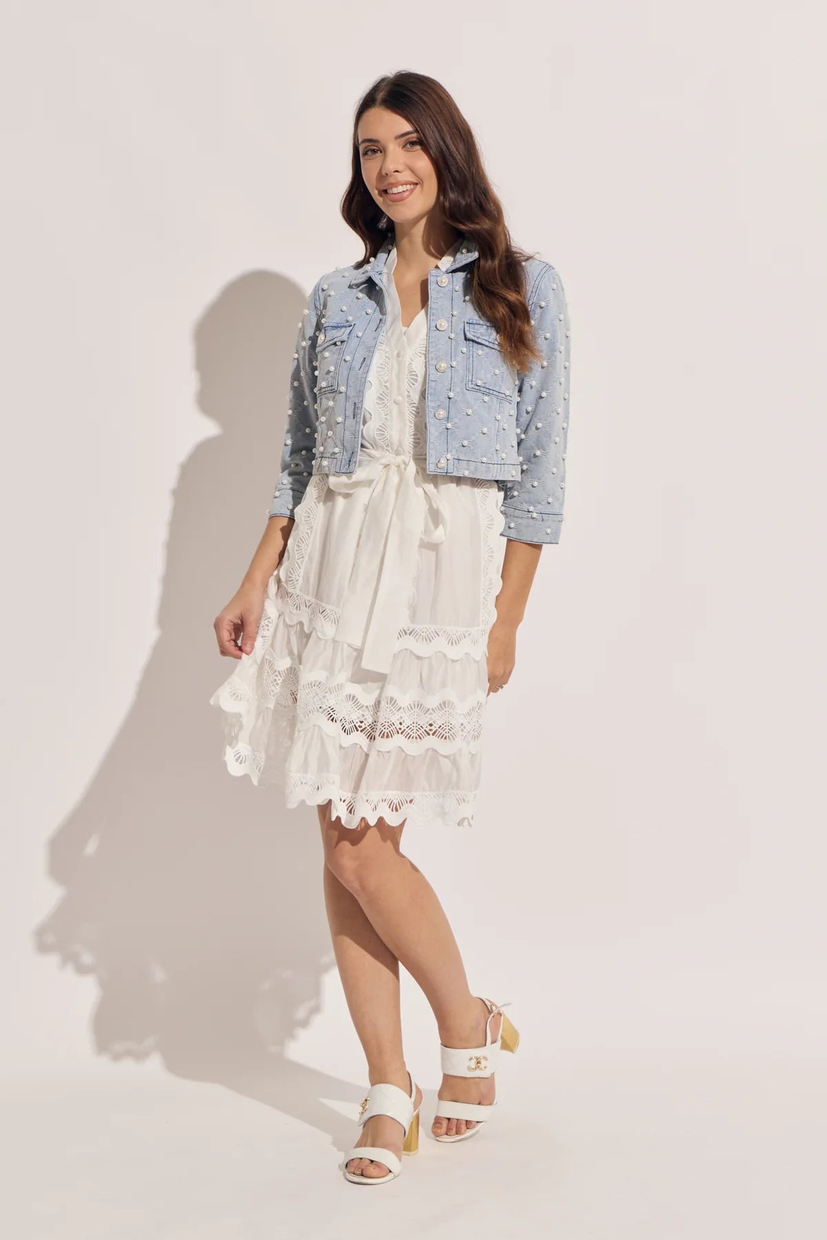 Short Denim Jacket with Pearl Combo Trim