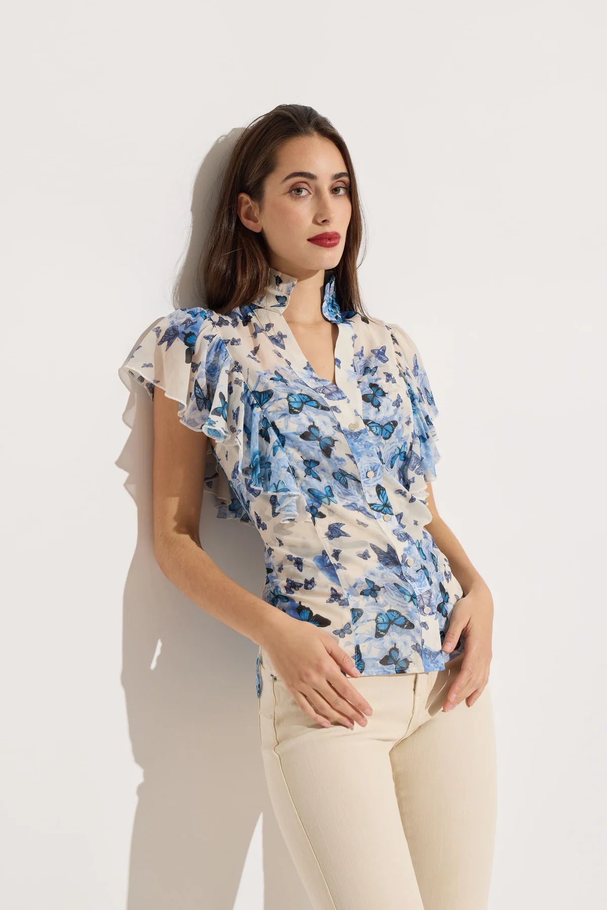 Butterfly Short Sleeve Ruffle Blouse with Tank