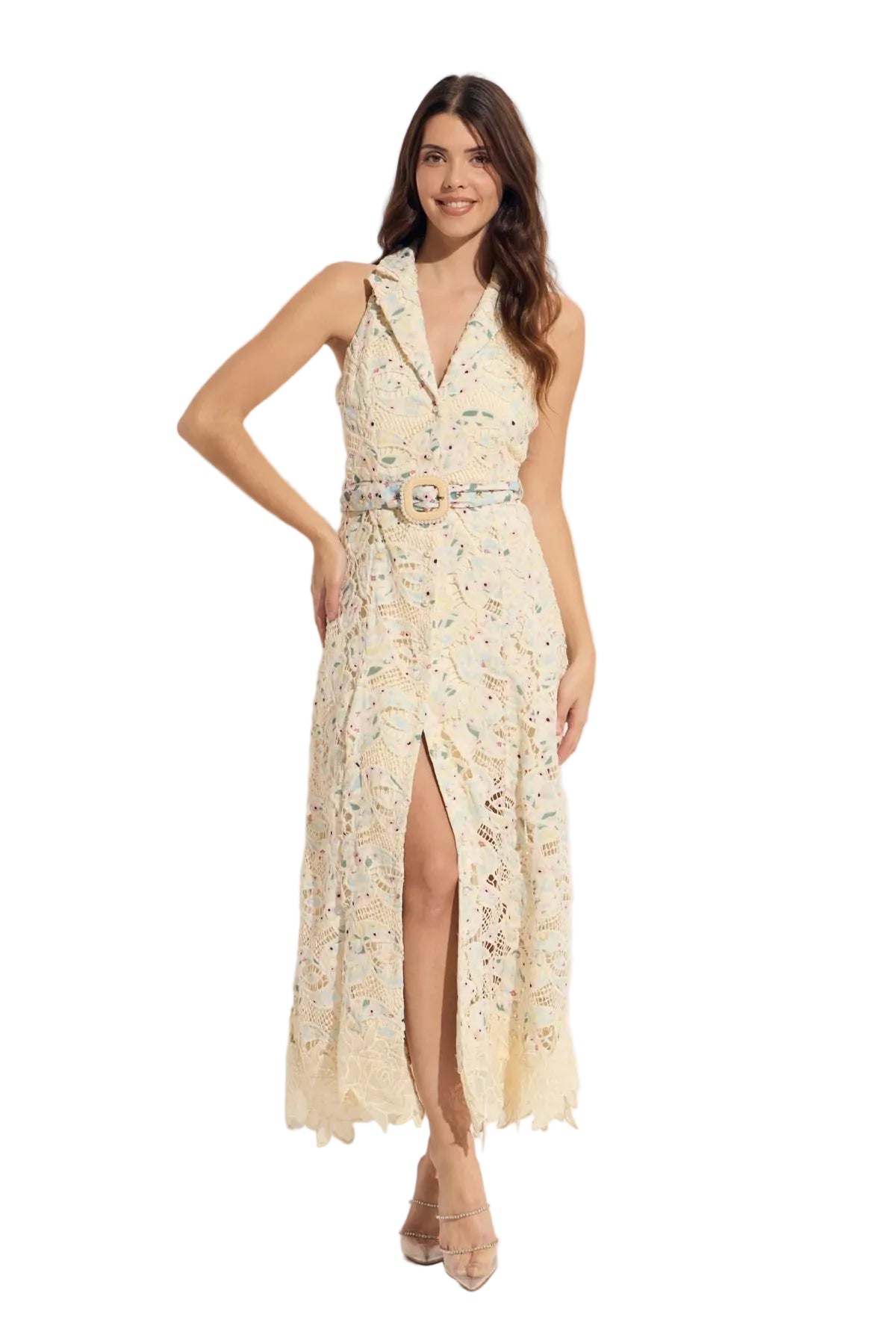 Sleeveless Maxi Beige Eyelet Button Down Dress