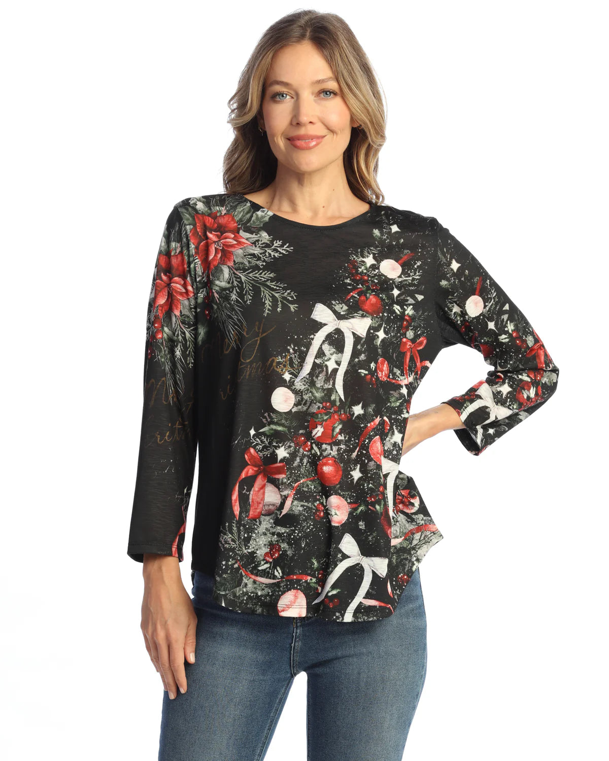 3/4 Sleeve Round Hem Top - Noel