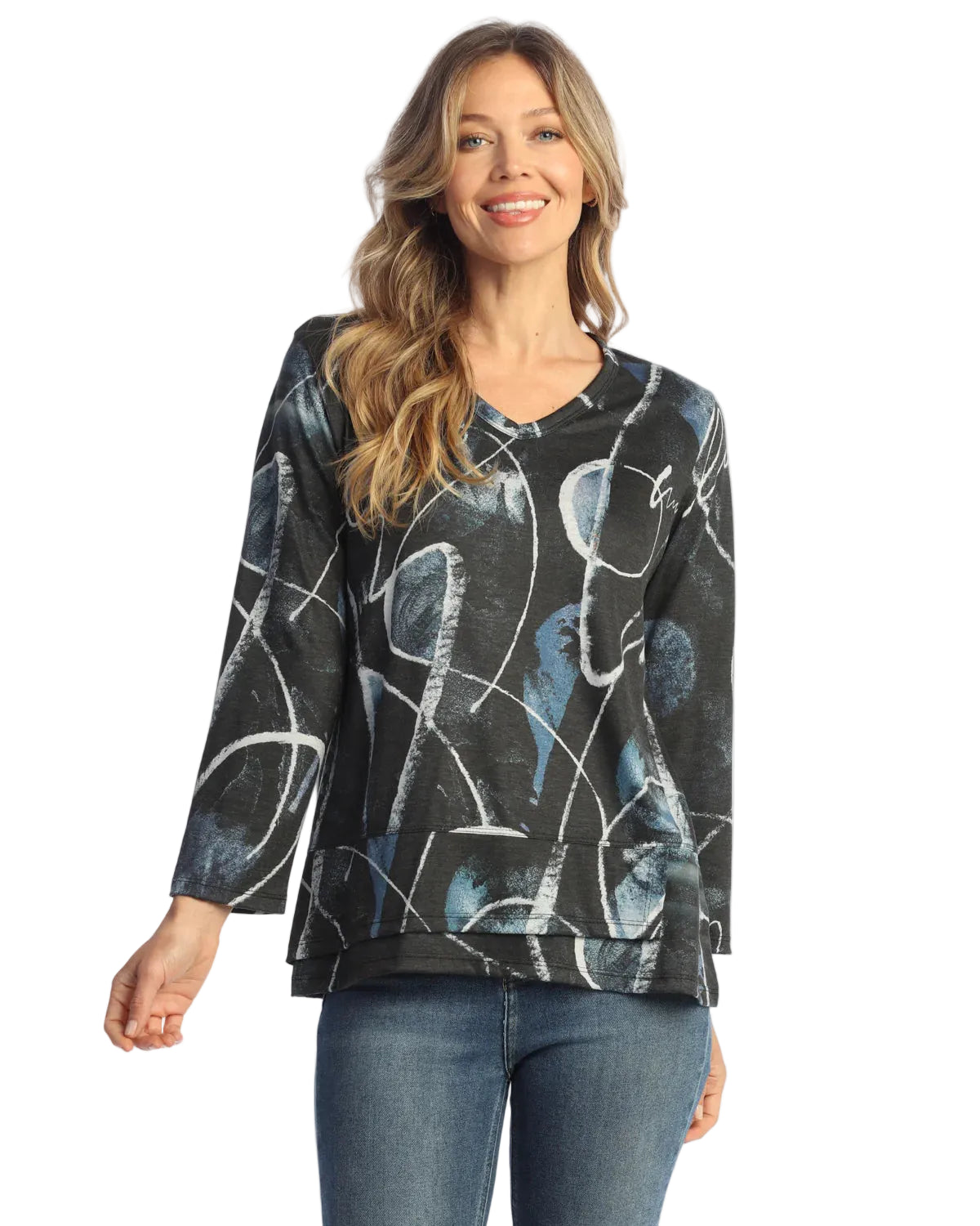 V-Neck Layered Hem Top - Calligraphy