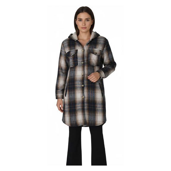 Long Hooded Button Up Plaid Shacket