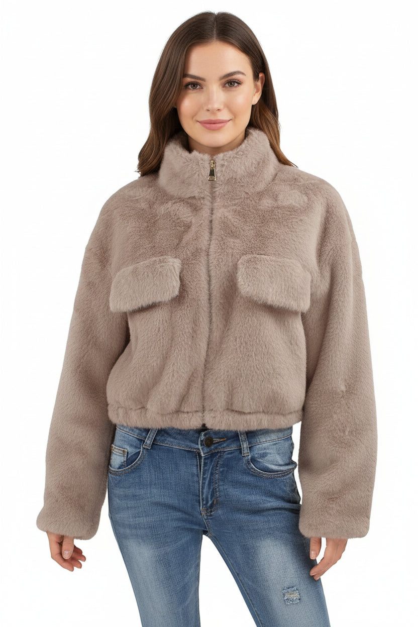 Cropped Zip Up Faux Fur Jacket
