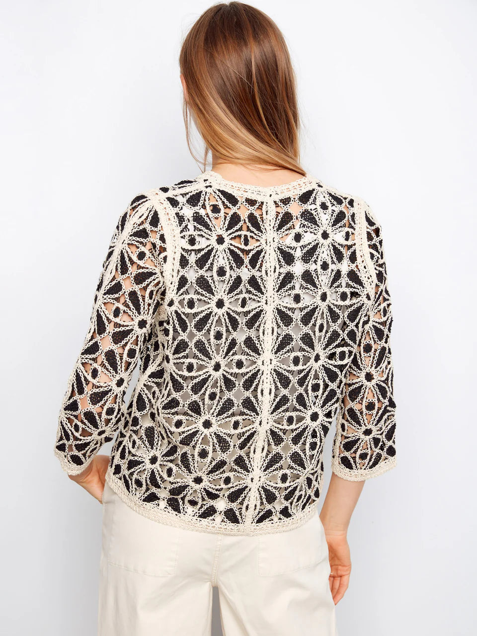 3/4 Sleeve Crochet V-Neck Cardigan