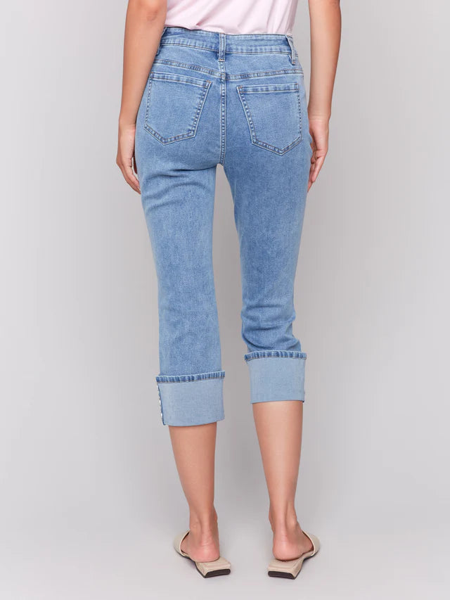 Cropped Jeans with Snap Button Cuff Detail