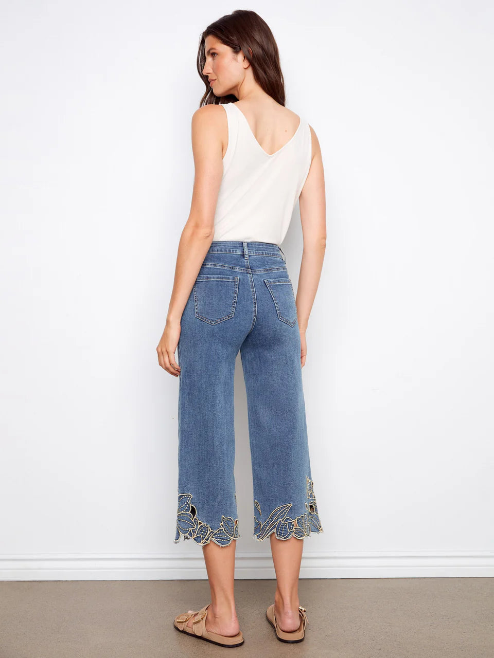 Cropped Wide Leg Stretch Denim with Flower Embroidery