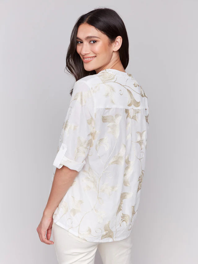 Embroidered Roll Up 3/4 Sleeve Popover Blouse