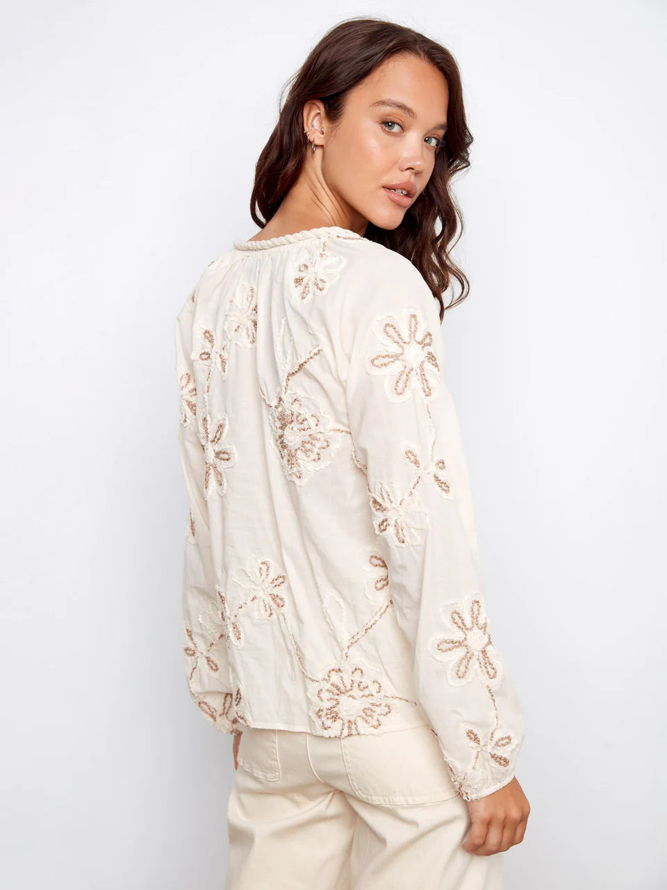 Textured Embroidered Long Sleeve Blouse