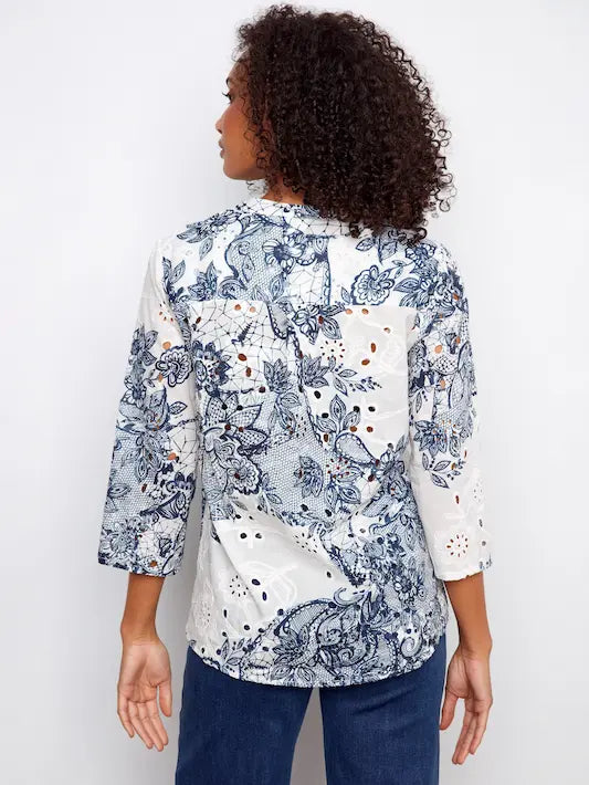 3/4 Roll Up Sleeve Printed Eyelet Henley Blouse