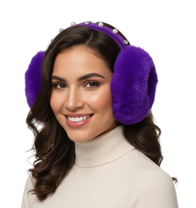 Bling Faux Pearl Rhinestone Fluffy Earmuffs