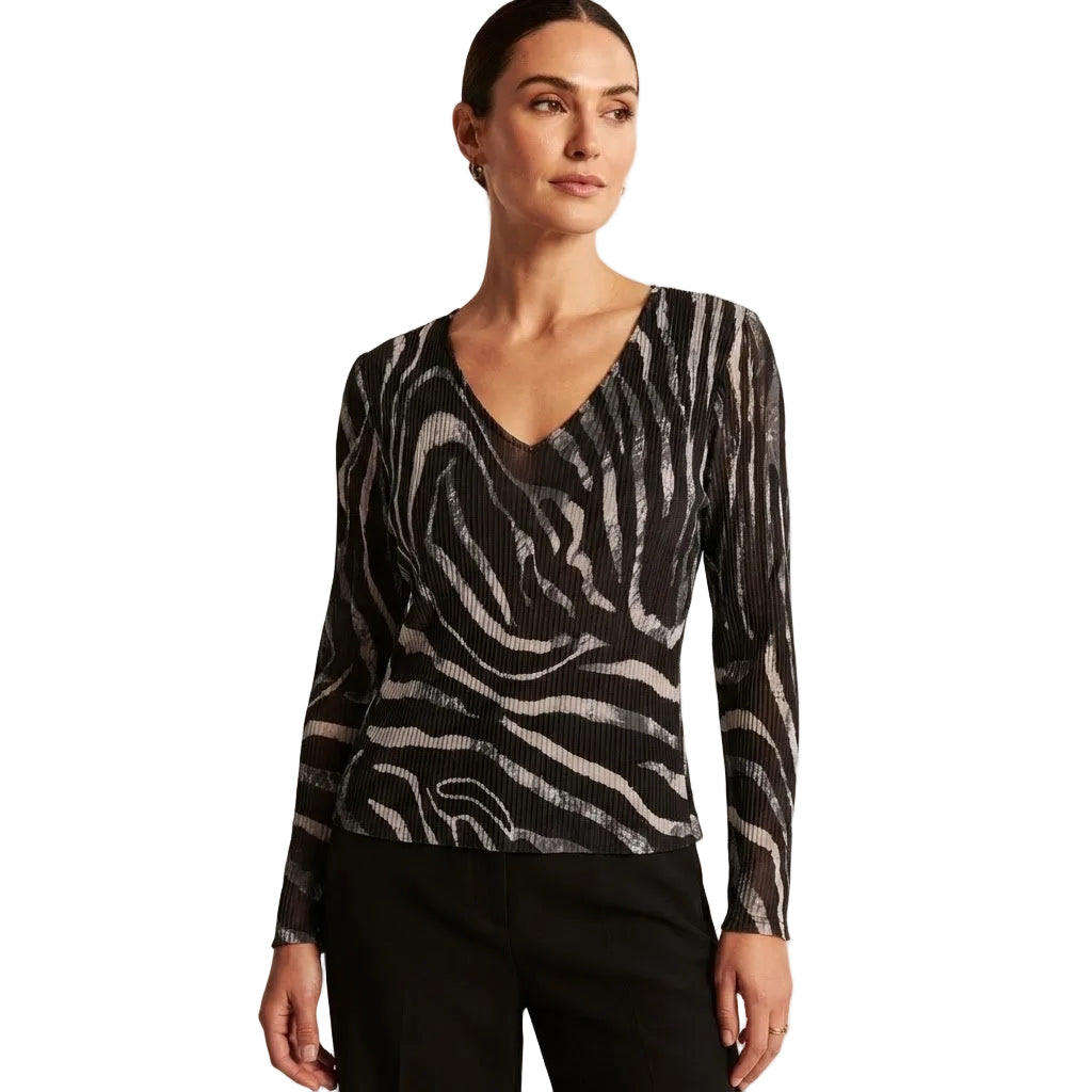 Abstract Zebra V-Neck Plisse Mesh Top