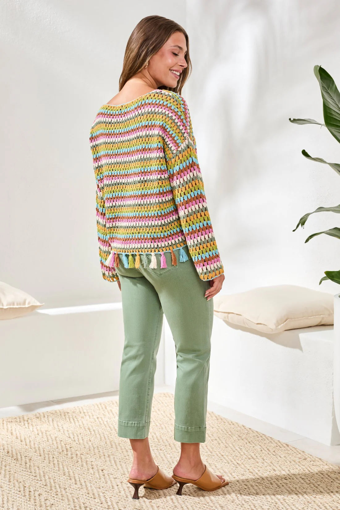 Multicolor Crochet Bell Sleeve Sweater With Tassels