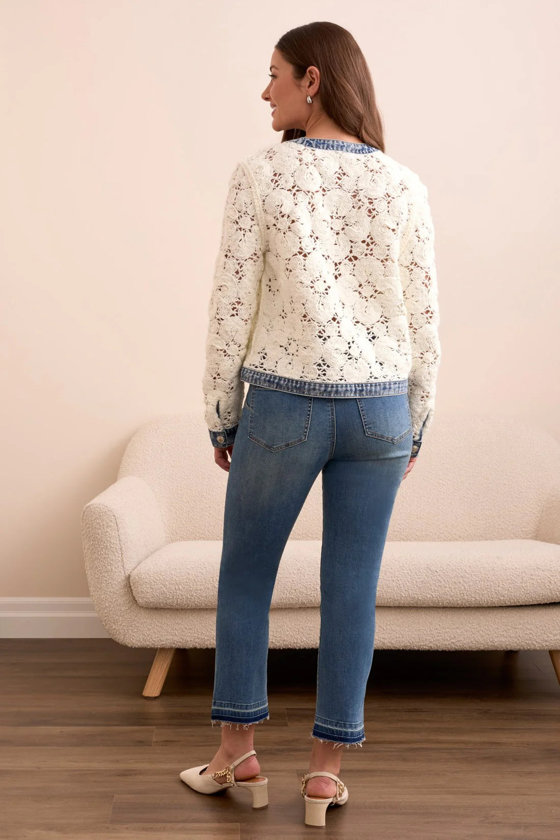 Mixed Media Crochet Jacket With Denim Detail